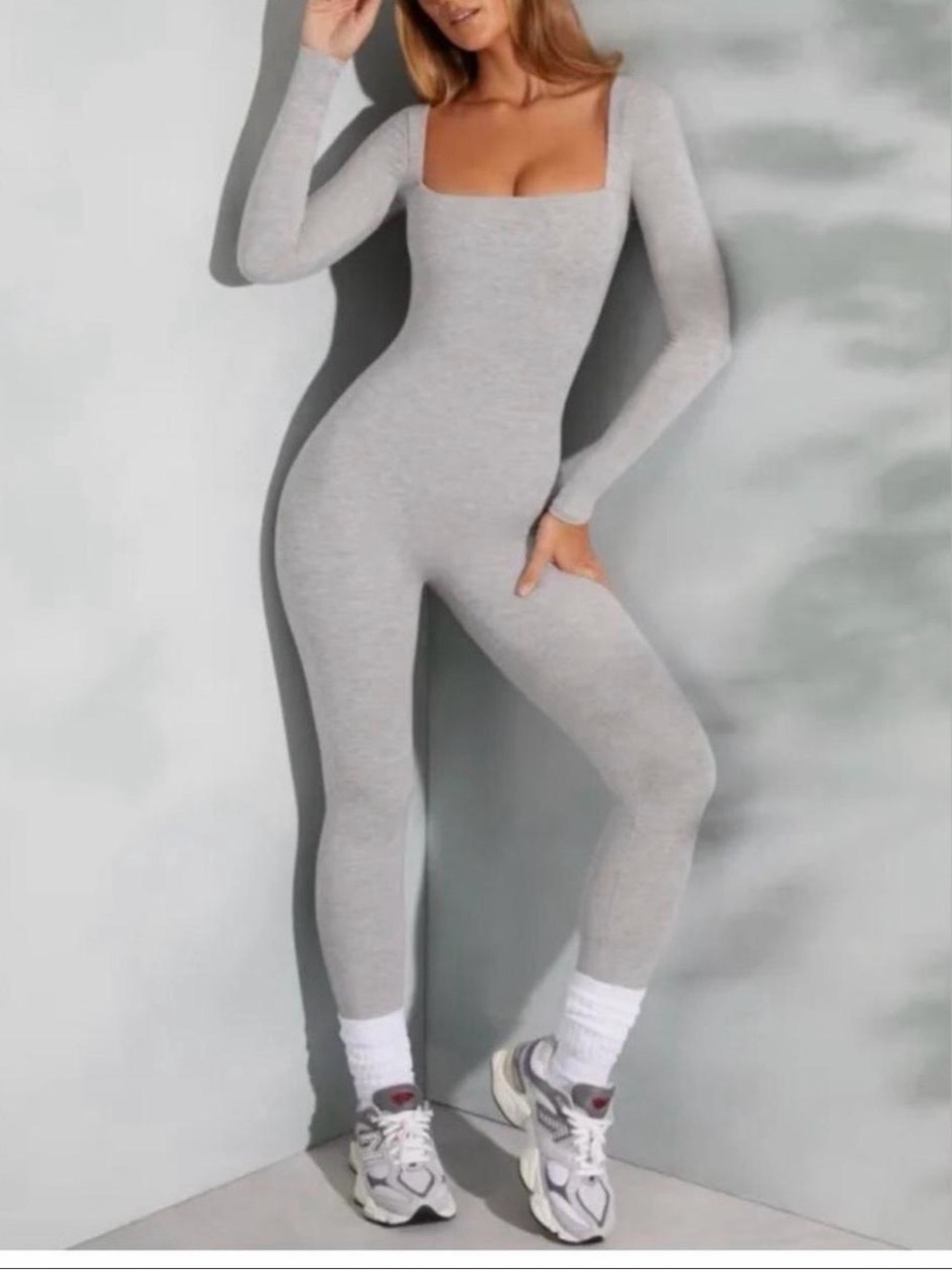 Oh Polly Grey Square-Neck Long-Sleeve Jumpsuit